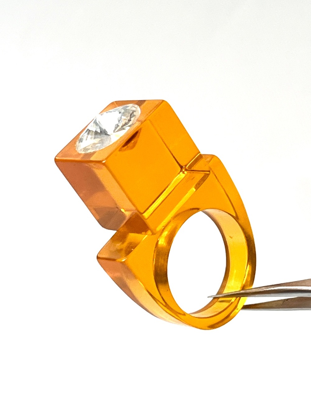 Vintage Lucite Ring Chunky Golden Amber High Cubism Rhinestone Statement